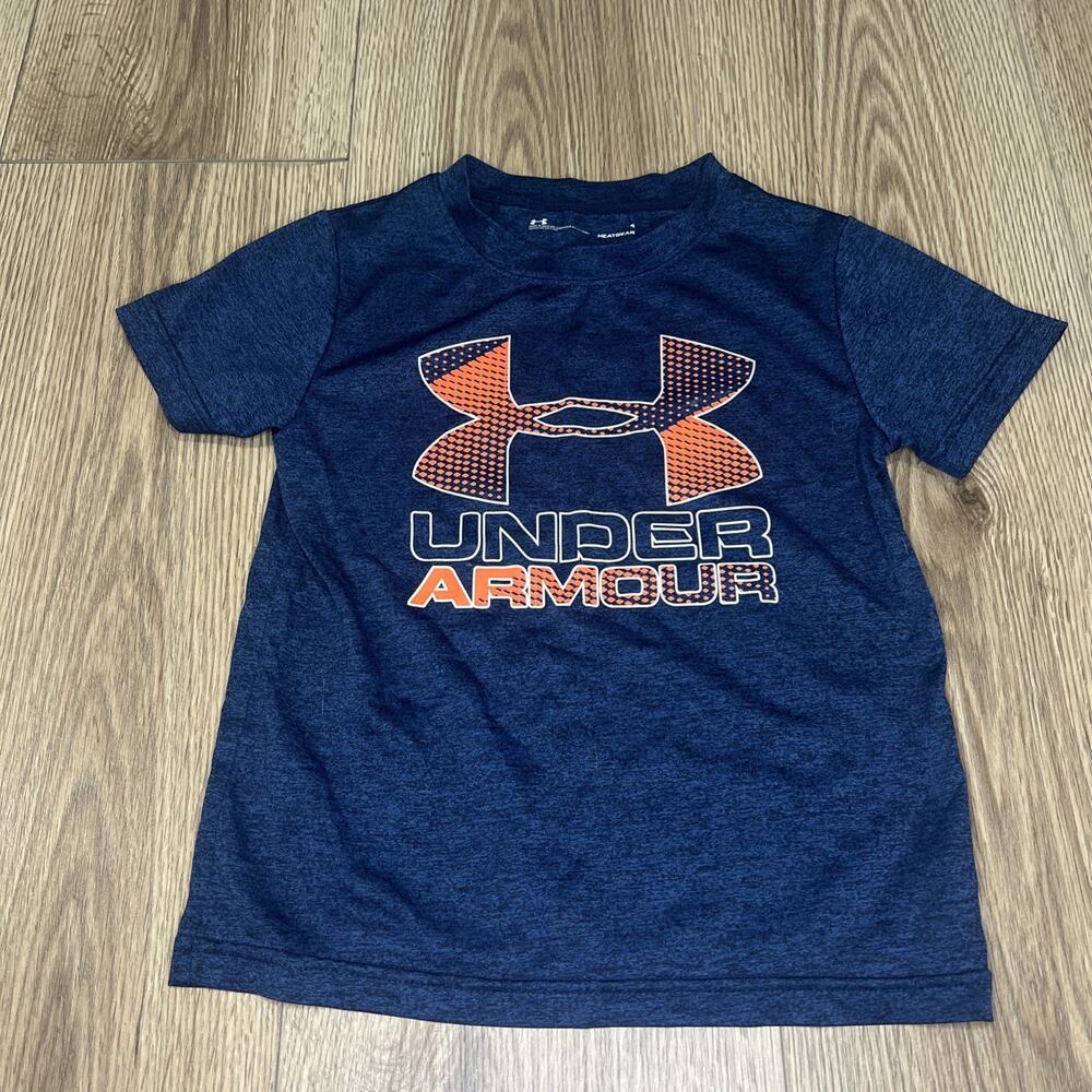 Kid's Under Armour Size 4 Navy Logo Graphic Short Sleeve Performance Shirt (A29)